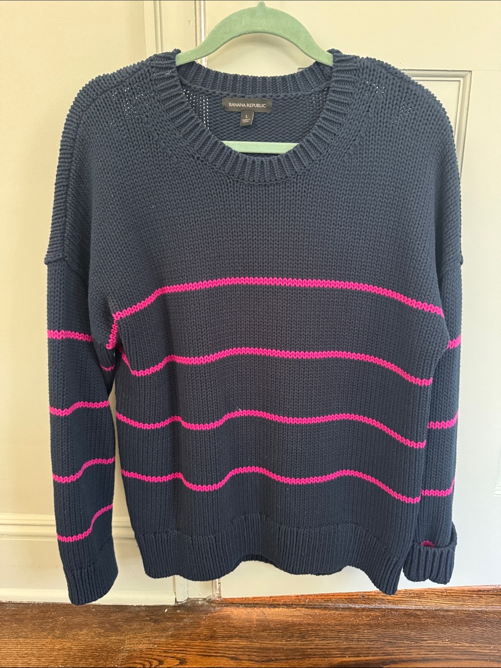 Banana Republic Men's Navy Crewneck Sweater with Bright Pink Stripes